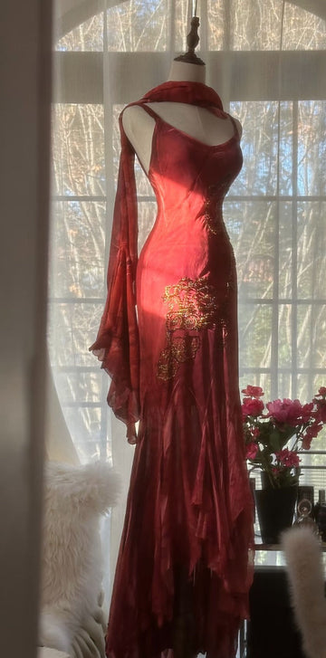 Sexy Mermaid Spaghetti Straps Ruffle Beaded Red Chiffon Evening Dress Party Dress HZ1023